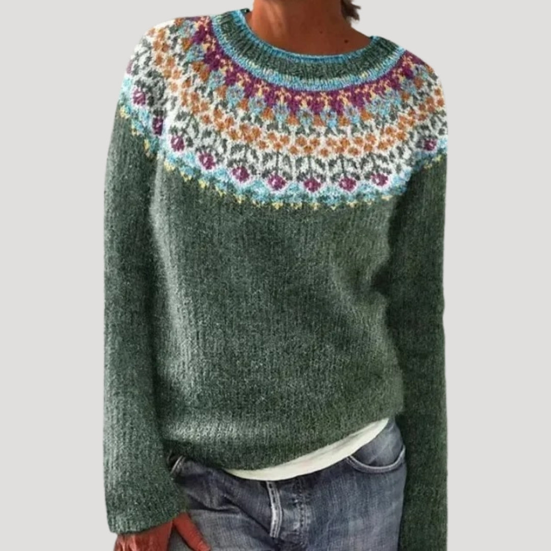Women's Patterned Crew Neck Jumper with Colourful Yoke — photo 1