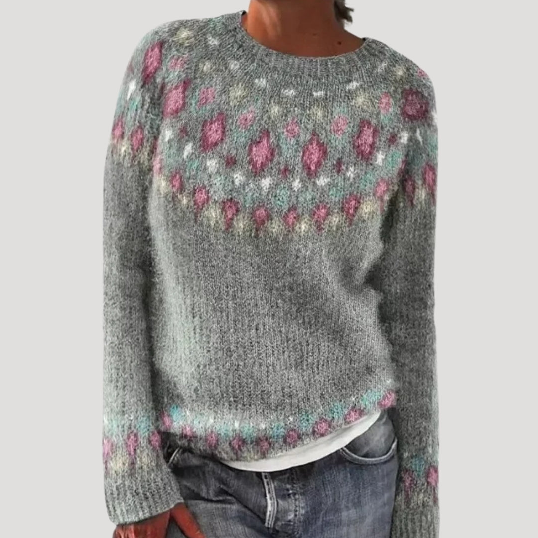 Women's Patterned Crew Neck Jumper with Colourful Yoke — photo 2