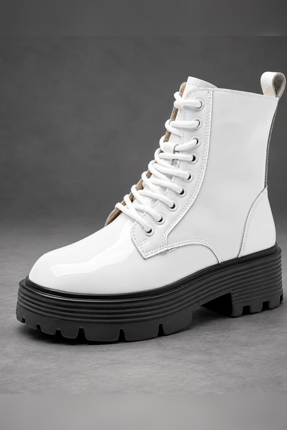 Boots Women - Glossy Patent Platform Combat Boots with Side Zip — photo 1