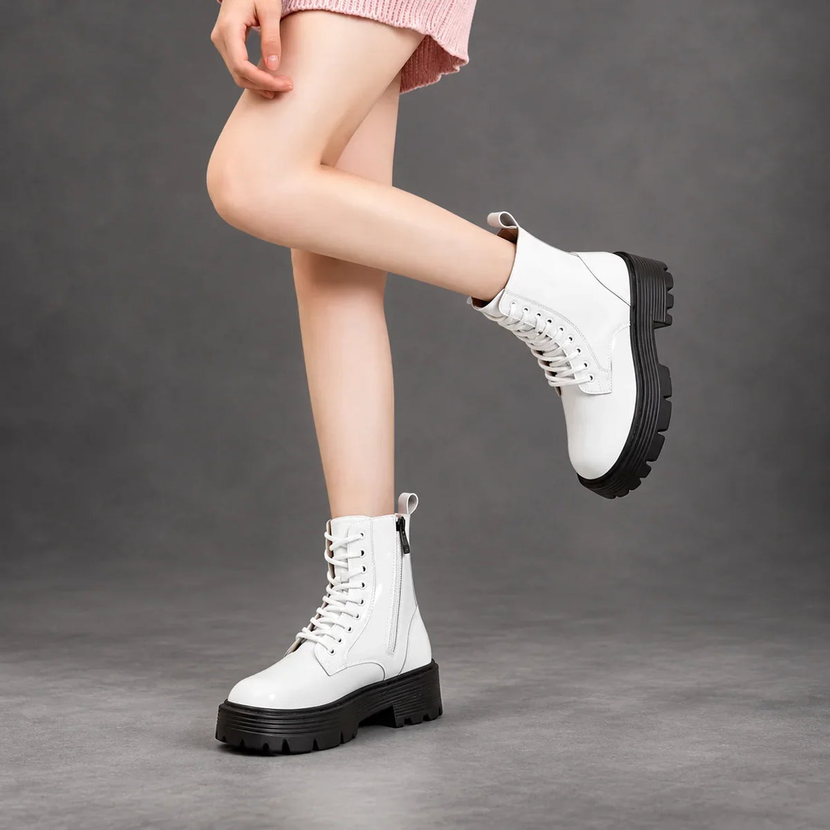 Boots Women - Glossy Patent Platform Combat Boots with Side Zip — photo 2