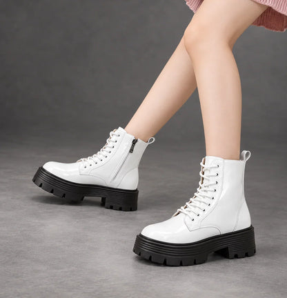 Boots Women - Glossy Patent Platform Combat Boots with Side Zip — photo 3