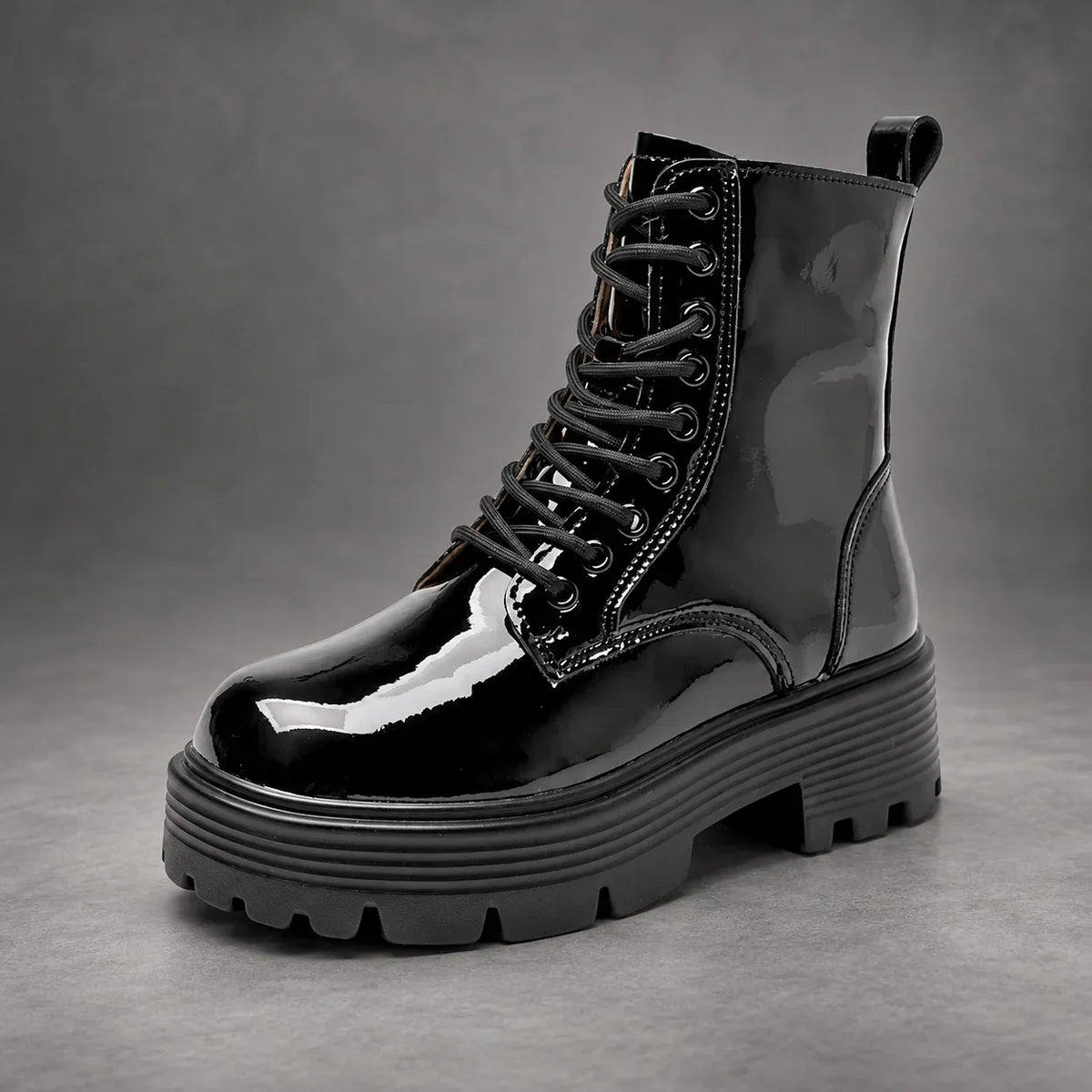 Boots Women - Glossy Patent Platform Combat Boots with Side Zip — photo 5