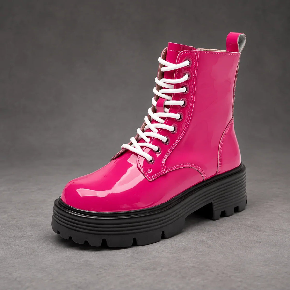 Boots Women - Glossy Patent Platform Combat Boots with Side Zip — photo 7