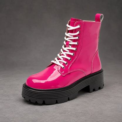 Boots Women - Glossy Patent Platform Combat Boots with Side Zip — photo 7