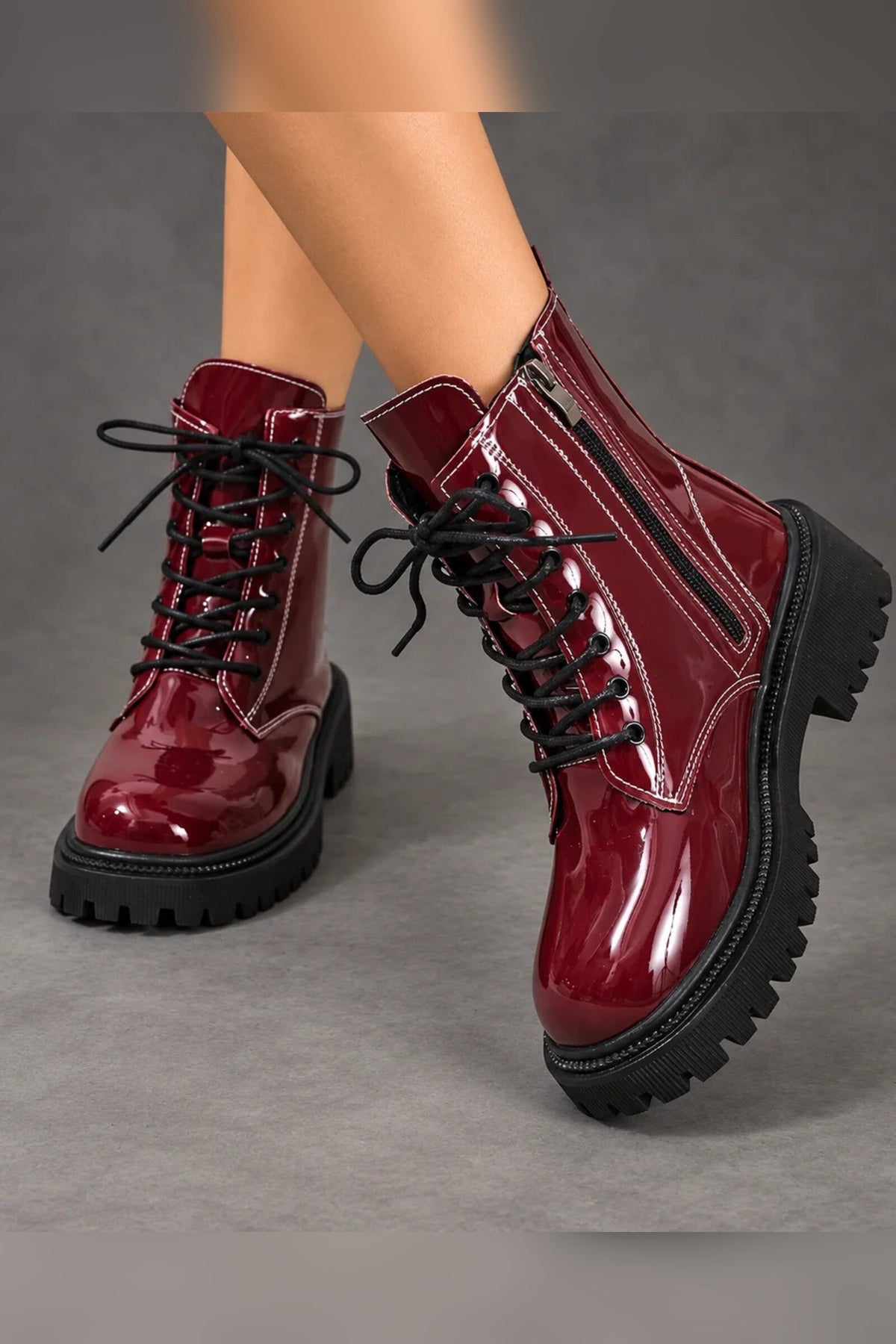 Boots Women - Patent Lace-Up Ankle Boots with Block Heel — photo 1