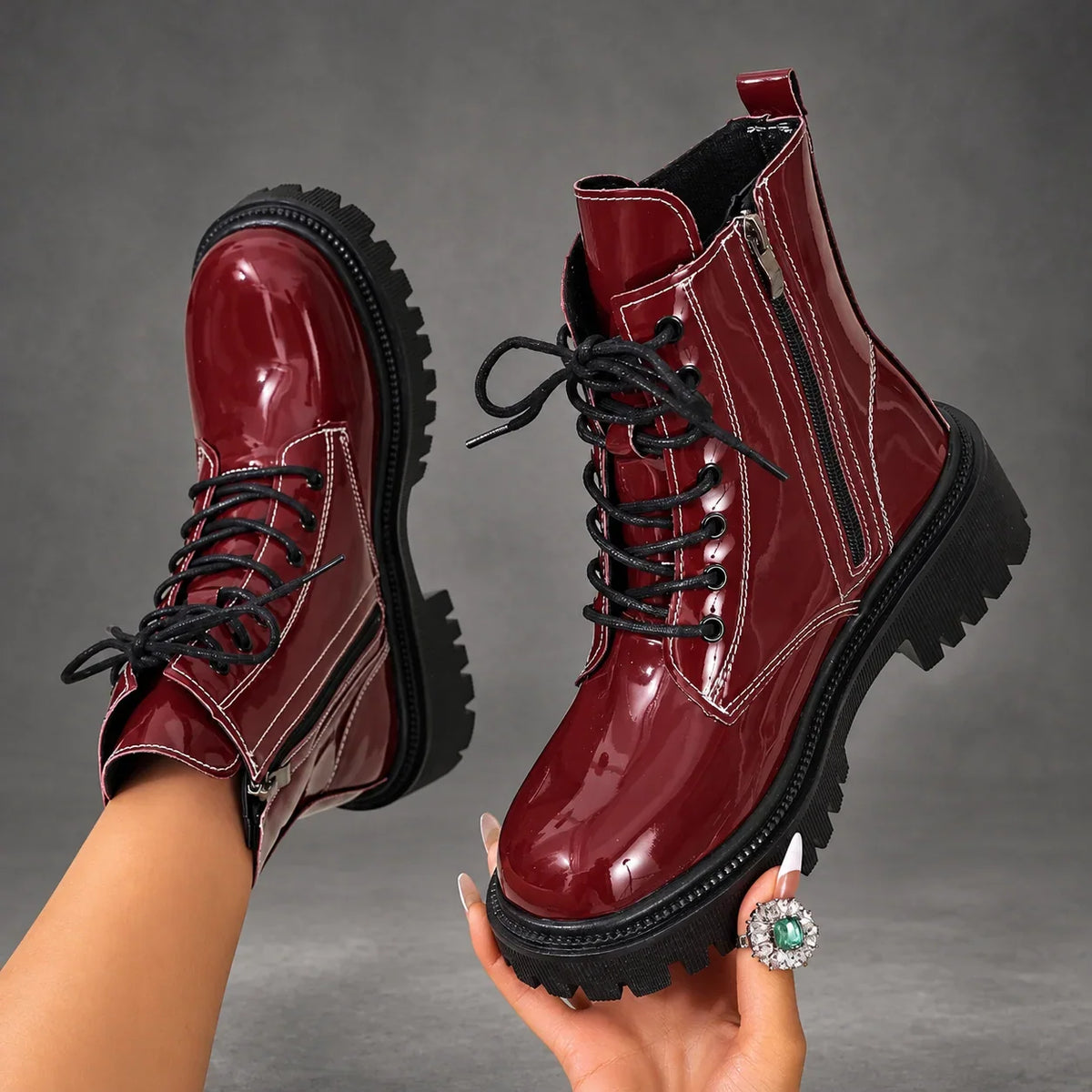 Boots Women - Patent Lace-Up Ankle Boots with Block Heel — photo 2