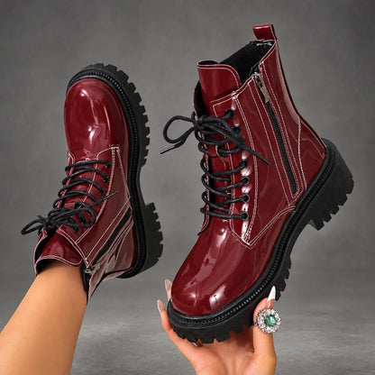 Boots Women - Patent Lace-Up Ankle Boots with Block Heel — photo 2