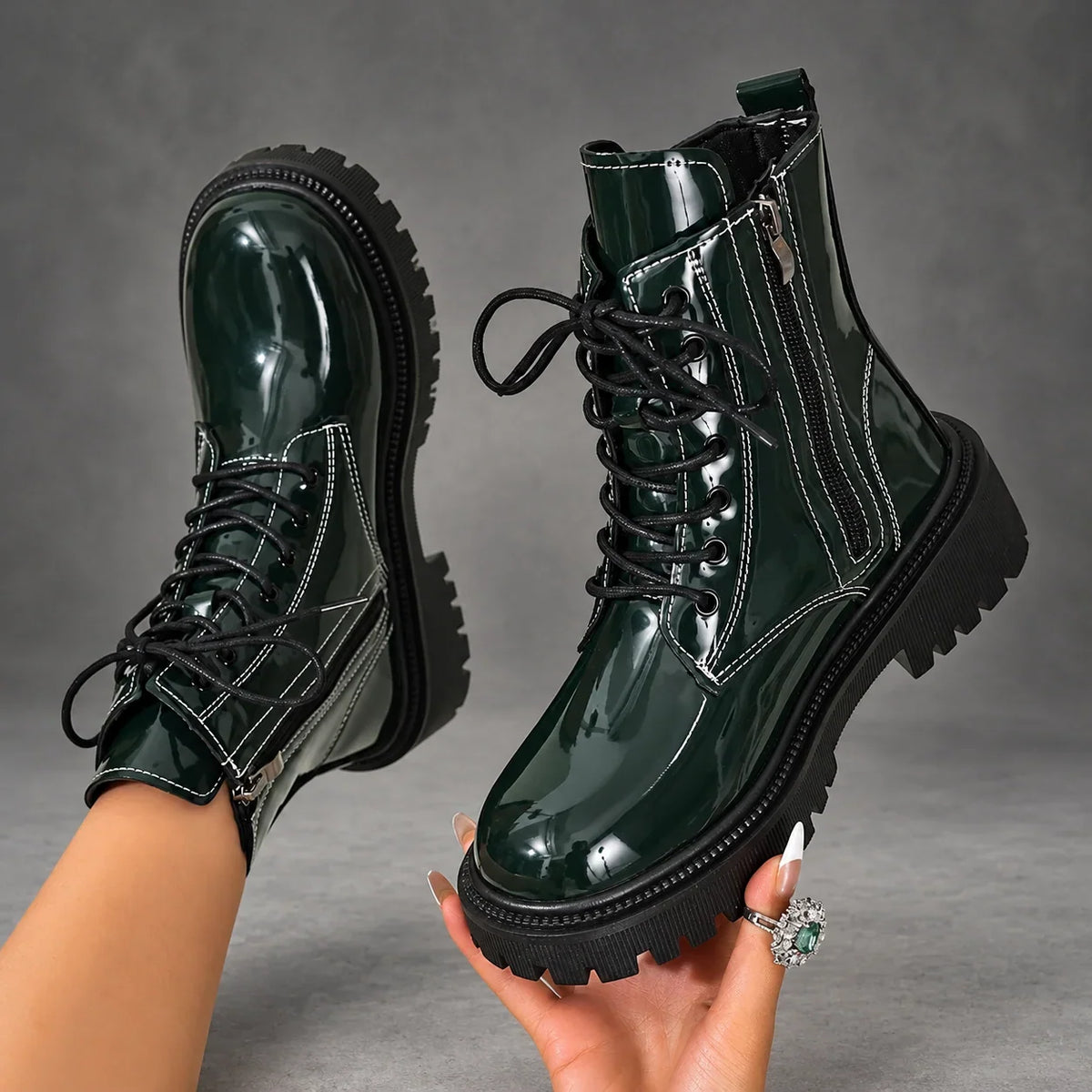 Boots Women - Patent Lace-Up Ankle Boots with Block Heel — photo 3