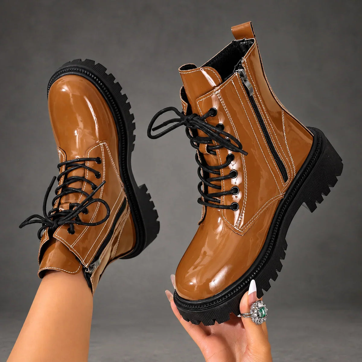 Boots Women - Patent Lace-Up Ankle Boots with Block Heel — photo 5