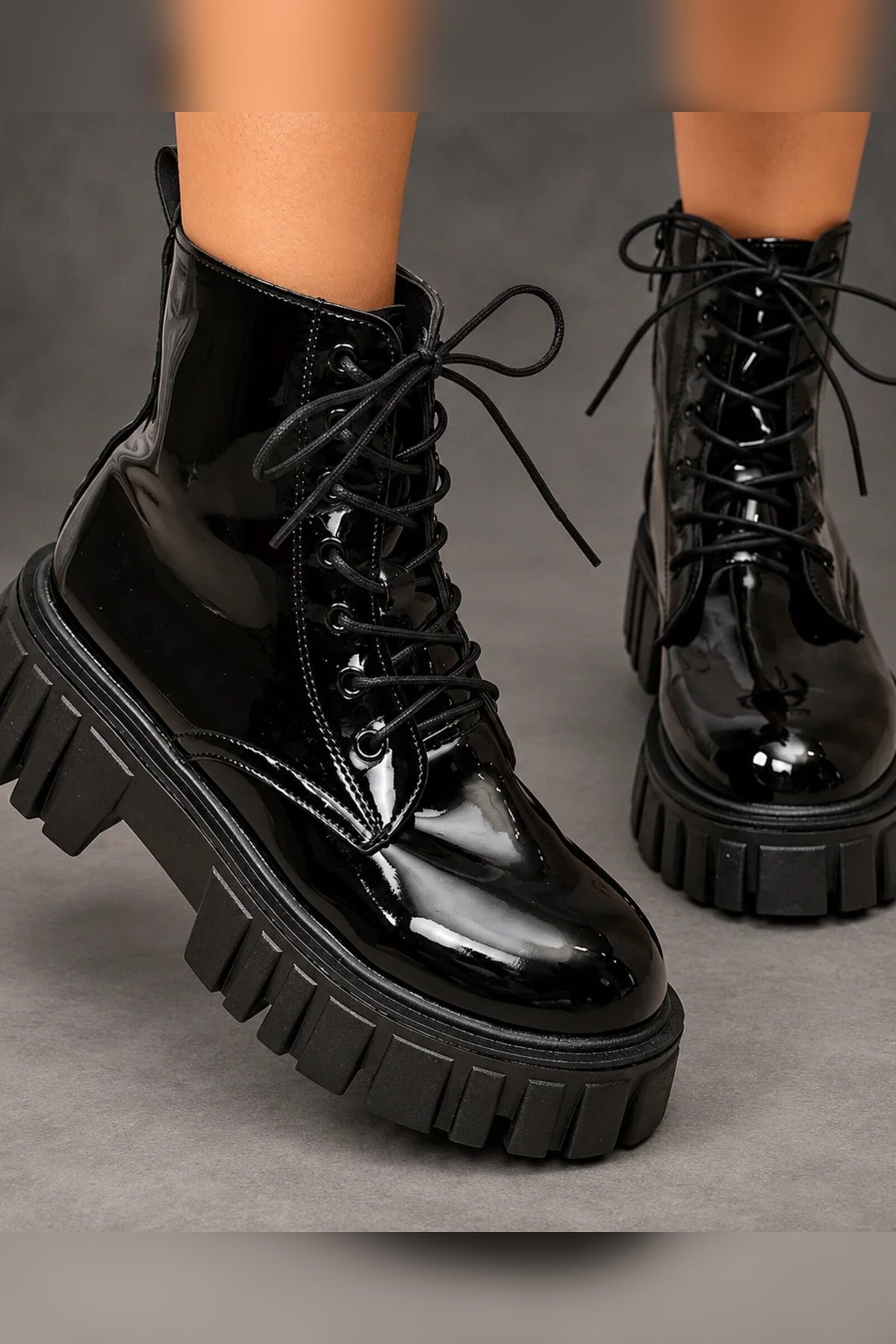 Boots Women - Patent Platform Ankle Boots with Lace-Up — photo 1