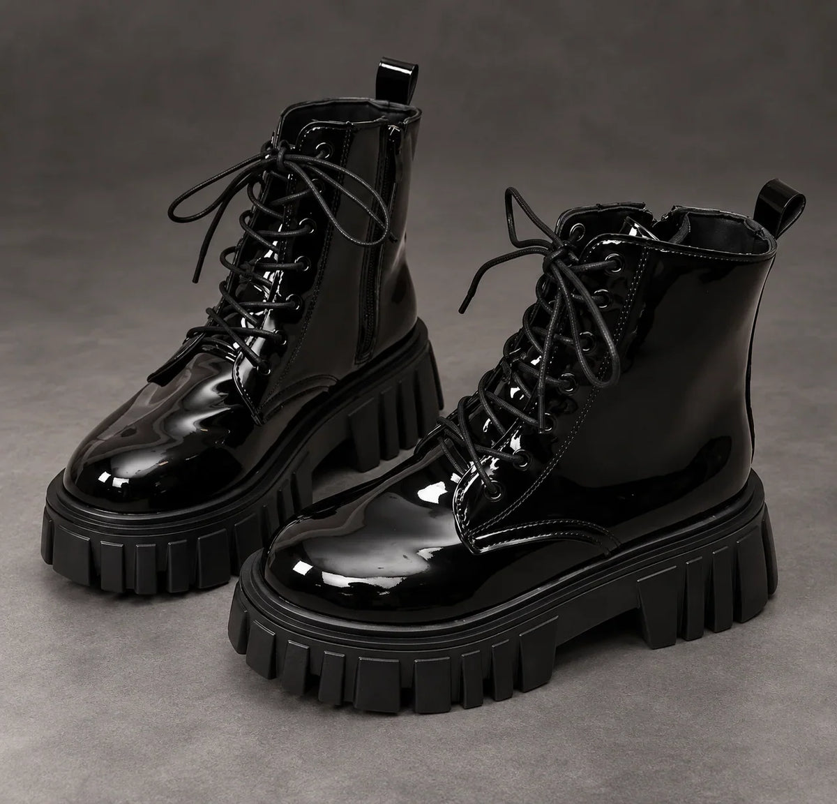 Boots Women - Patent Platform Ankle Boots with Lace-Up — photo 2