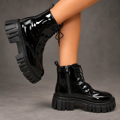 Boots Women - Patent Platform Ankle Boots with Lace-Up — photo 3