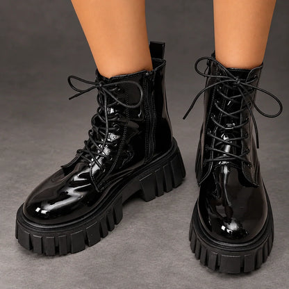 Boots Women - Patent Platform Ankle Boots with Lace-Up — photo 4