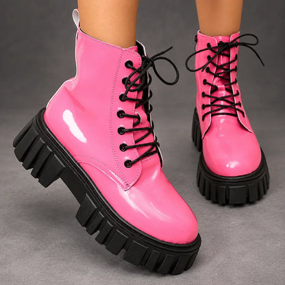 Boots Women - Patent Platform Ankle Boots with Lace-Up — photo 5