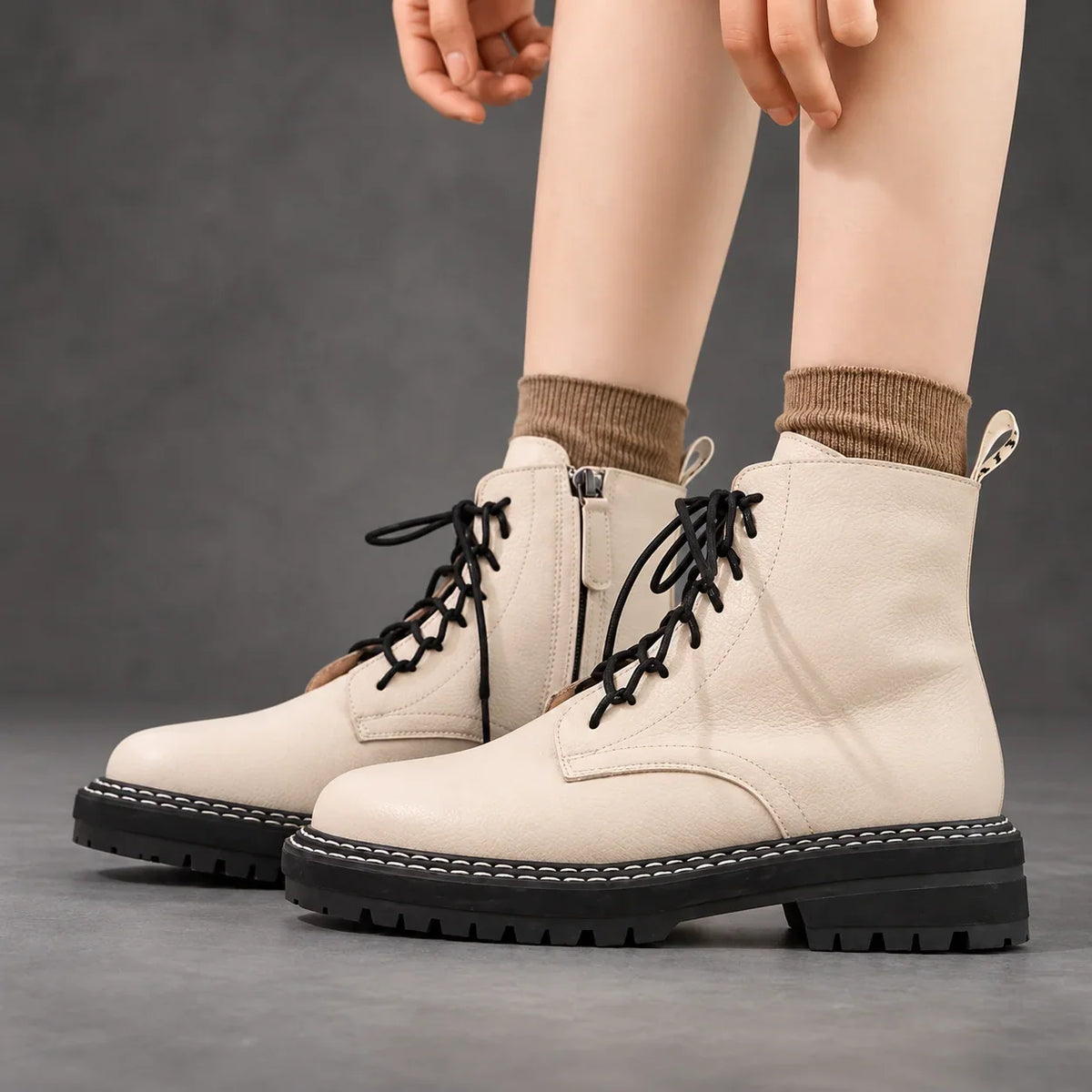 Boots Women - Pebbled Lace-Up with Side Zip and Chunky Lug Sole — photo 3