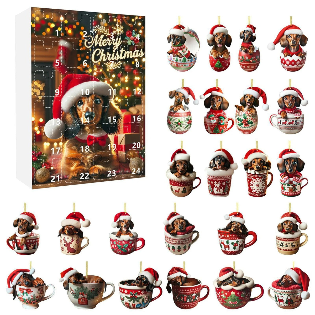 2026 Christmas 24 Day Advent Calendar 2D Acrylic Dachshund Christmas Tree Hanging Ornament — photo 1