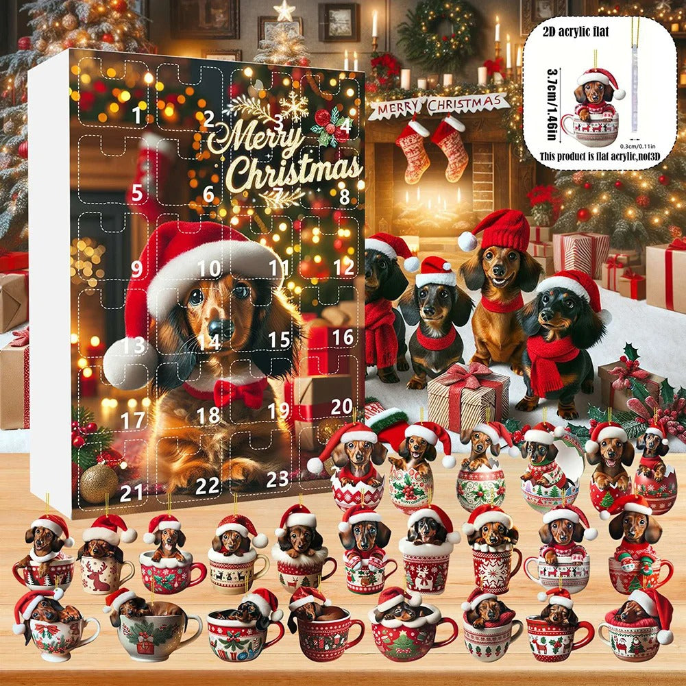 2026 Christmas 24 Day Advent Calendar 2D Acrylic Dachshund Christmas Tree Hanging Ornament — photo 5
