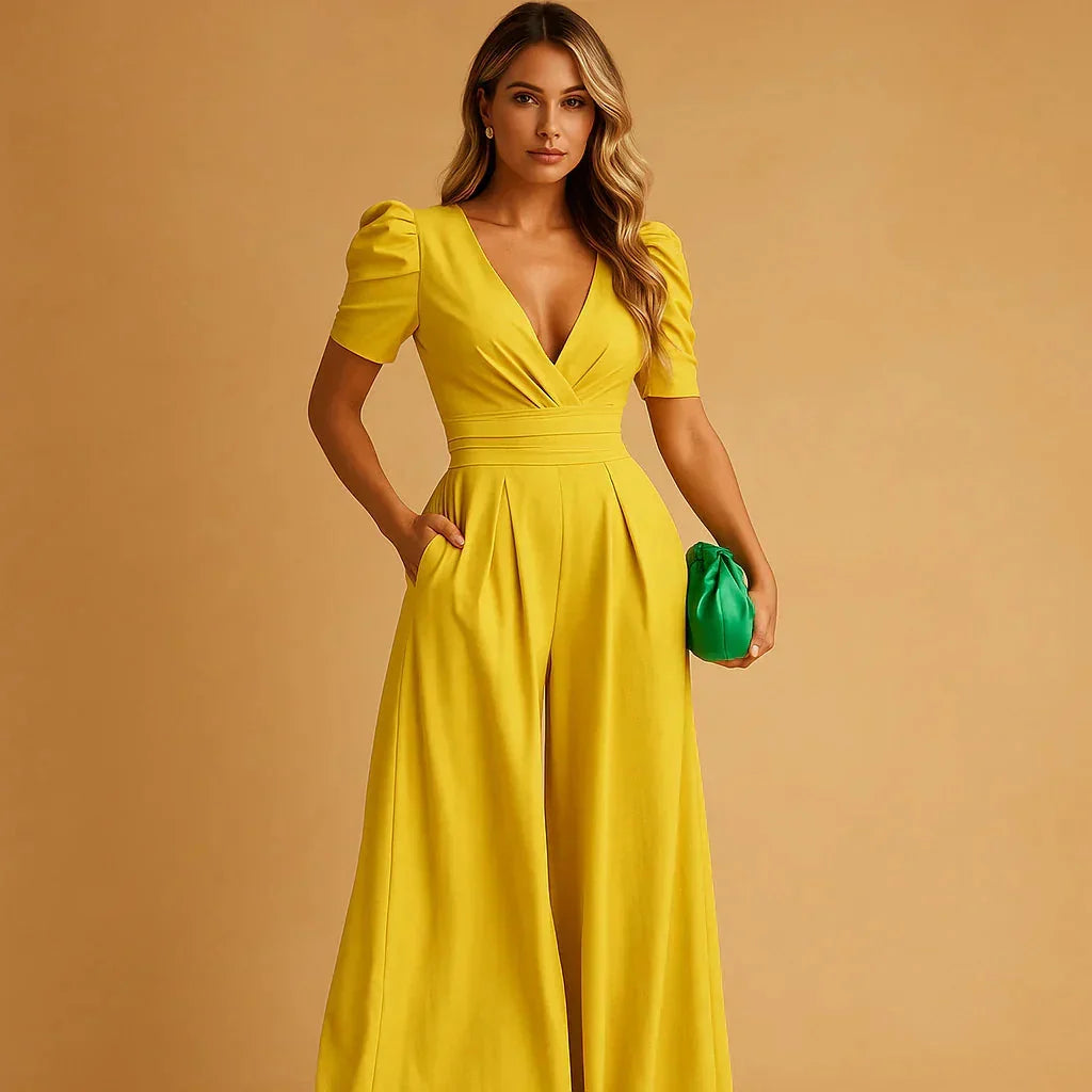 V-Neck Puff Sleeve Pleated Wide-Leg High-Waisted Jumpsuit — photo 4