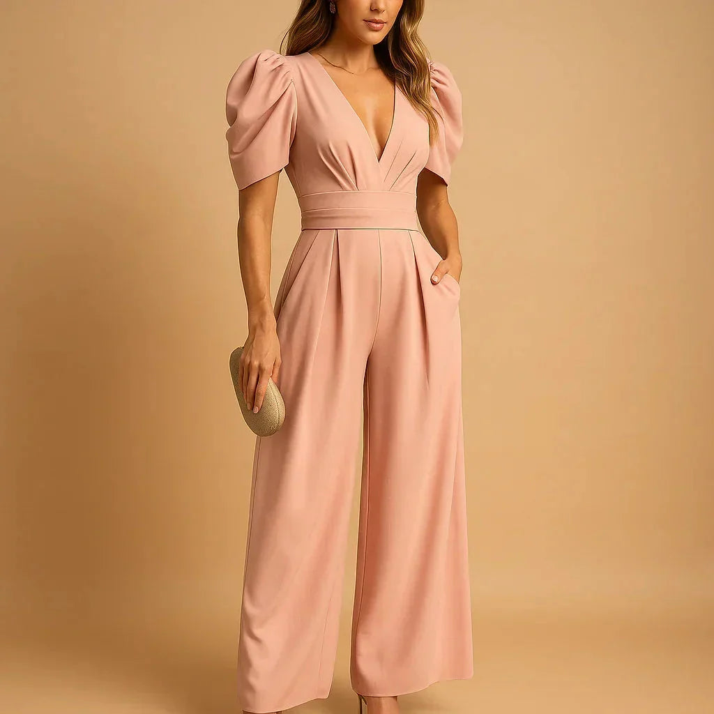 V-Neck Puff Sleeve Pleated Wide-Leg High-Waisted Jumpsuit — photo 2