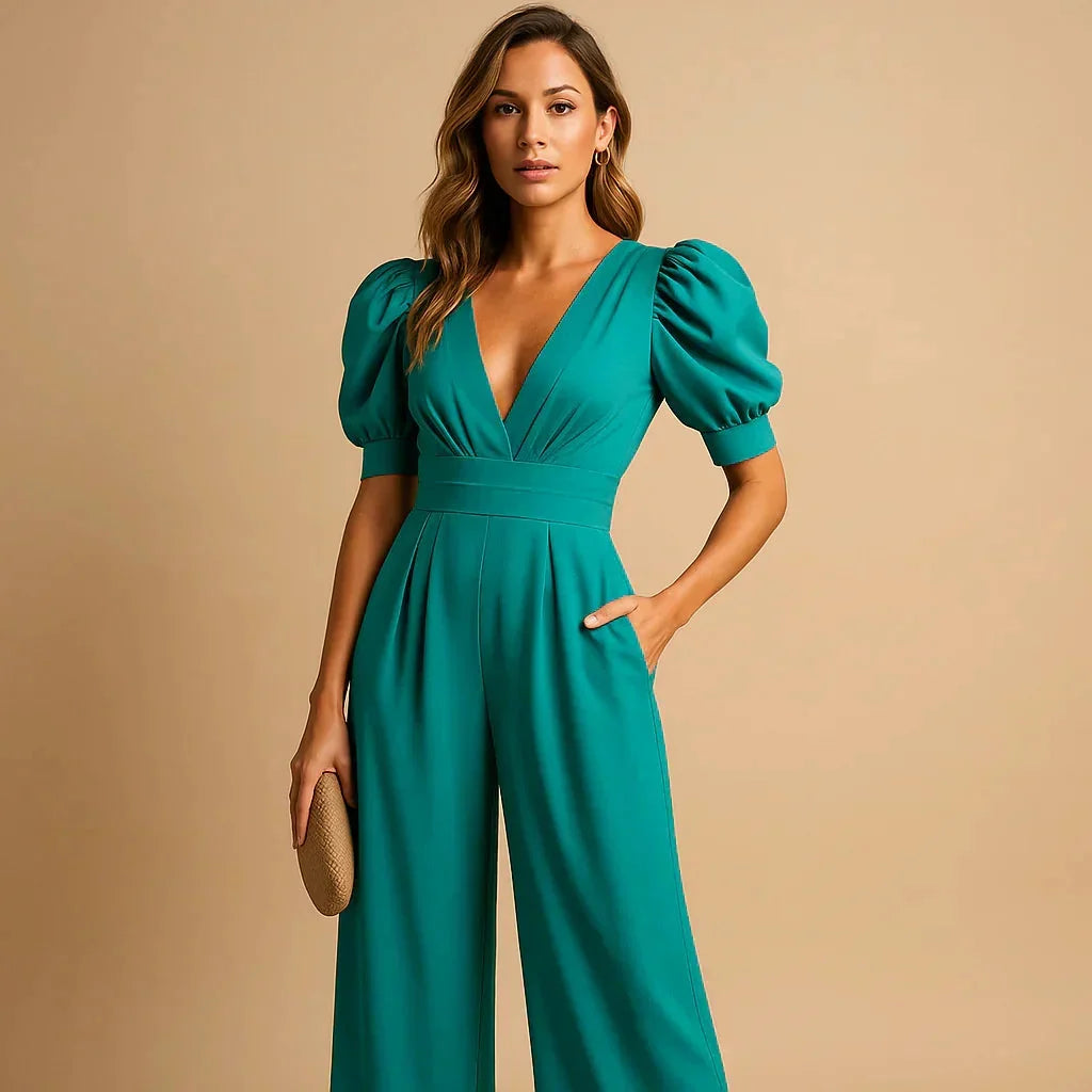 V-Neck Puff Sleeve Pleated Wide-Leg High-Waisted Jumpsuit — photo 5