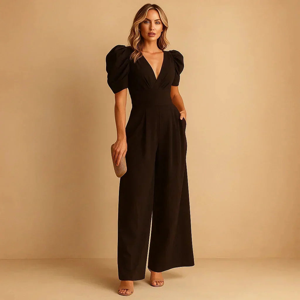 V-Neck Puff Sleeve Pleated Wide-Leg High-Waisted Jumpsuit — photo 3