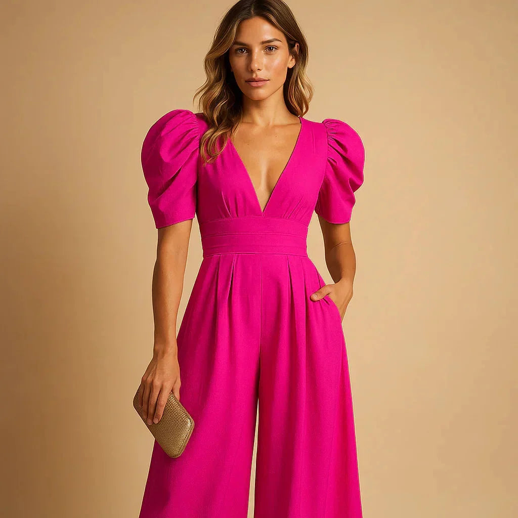 V-Neck Puff Sleeve Pleated Wide-Leg High-Waisted Jumpsuit — photo 1