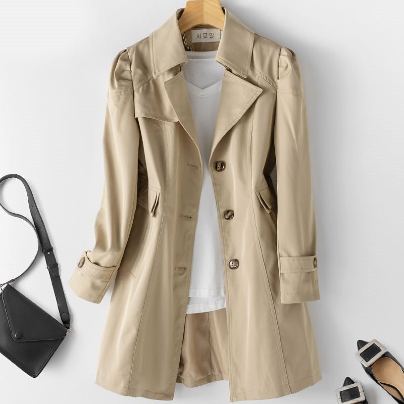 Fitted Single-Breasted Midi Trench Coat with Puff Sleeves — photo 3