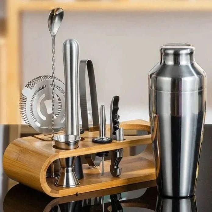 Cocktail Making Set – 10-piece stainless steel bar kit with wooden display stand — photo 1