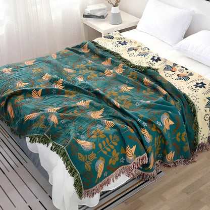 Cotton Throw Blanket – Embroidered Birds and Flowers, Reversible — photo 1