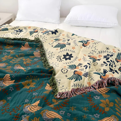 Cotton Throw Blanket – Embroidered Birds and Flowers, Reversible — photo 2