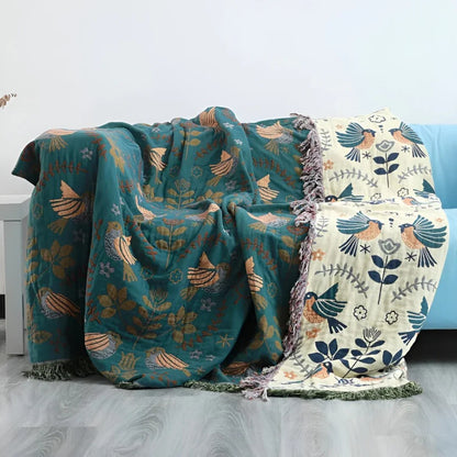 Cotton Throw Blanket – Embroidered Birds and Flowers, Reversible — photo 3