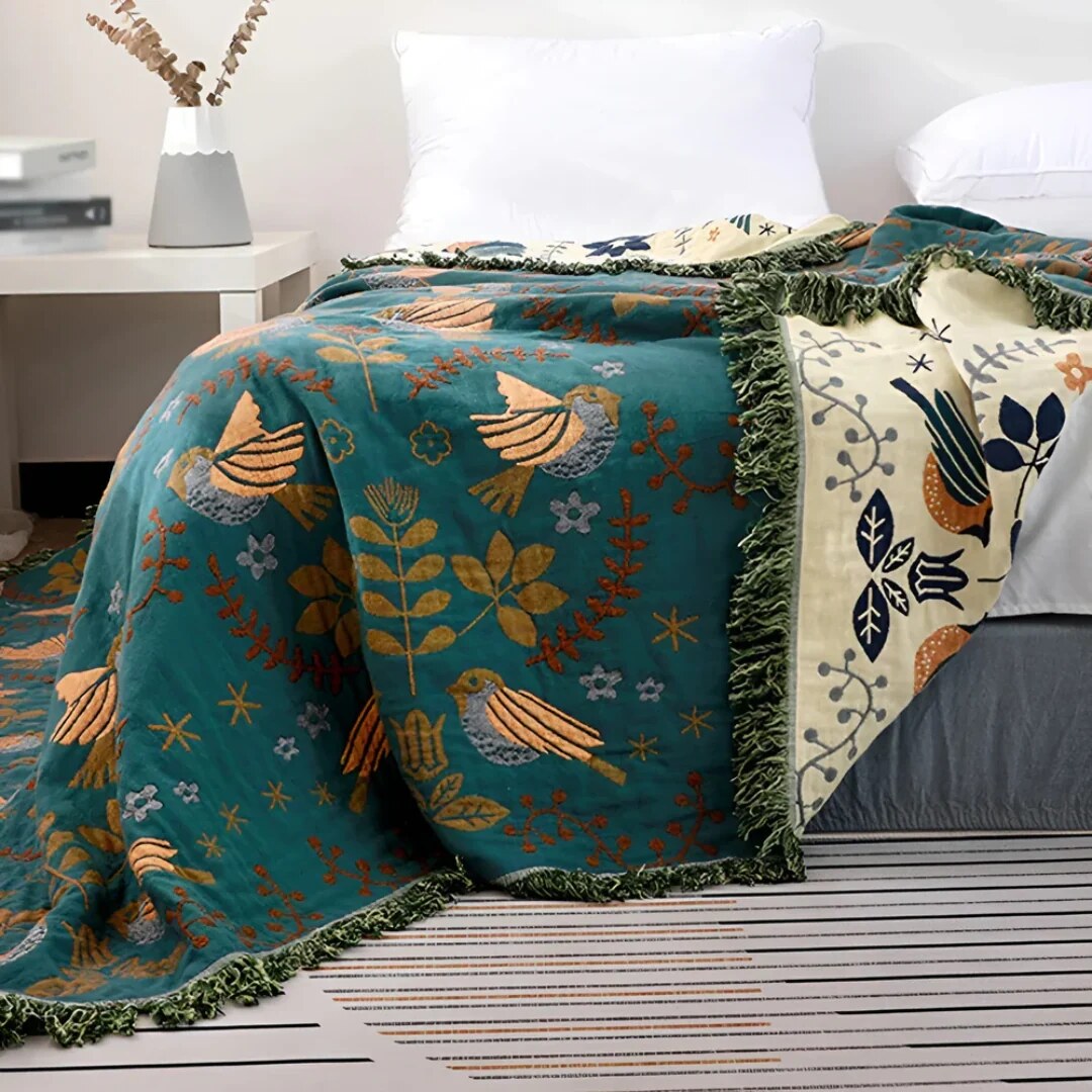 Cotton Throw Blanket – Embroidered Birds and Flowers, Reversible — photo 4