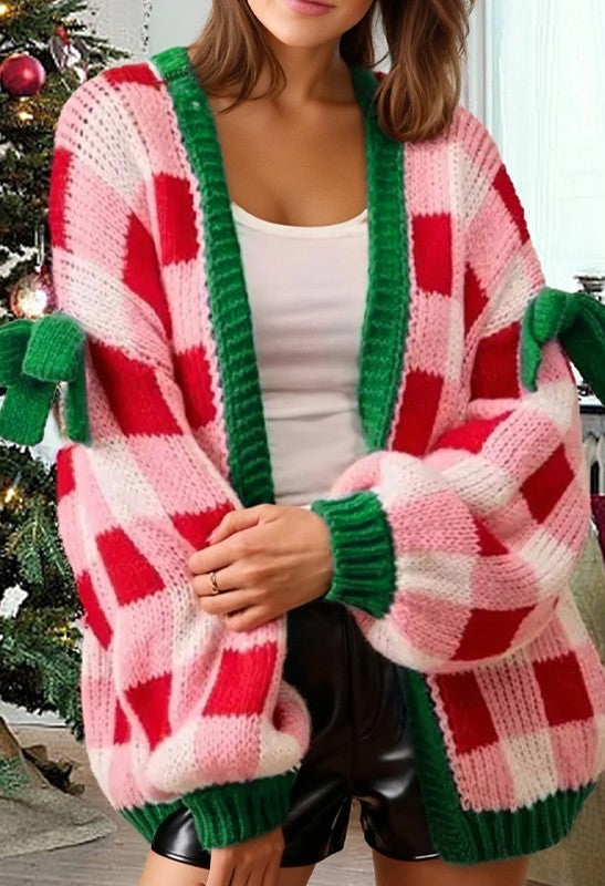Women's Pink Plaid Christmas Cardigan – Open Front Knit Sweater with Green Trim and Bow Details — photo 1