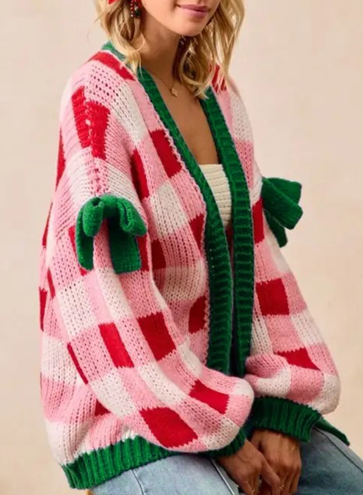 Women's Pink Plaid Christmas Cardigan – Open Front Knit Sweater with Green Trim and Bow Details — photo 5