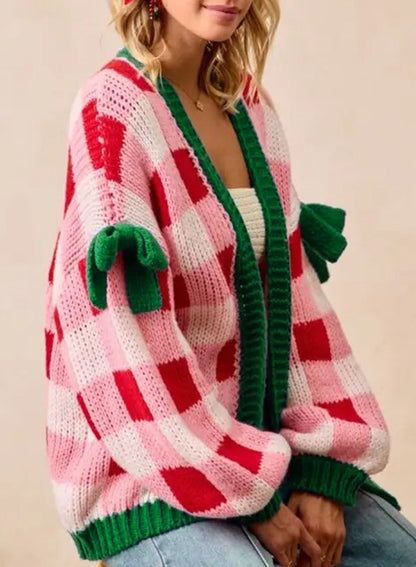 Women's Pink Plaid Christmas Cardigan – Open Front Knit Sweater with Green Trim and Bow Details — photo 5