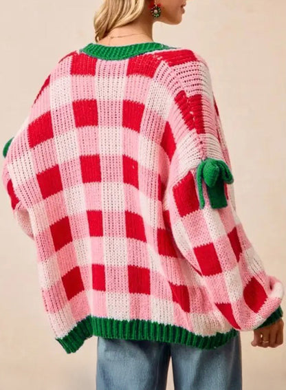 Women's Pink Plaid Christmas Cardigan – Open Front Knit Sweater with Green Trim and Bow Details — photo 6