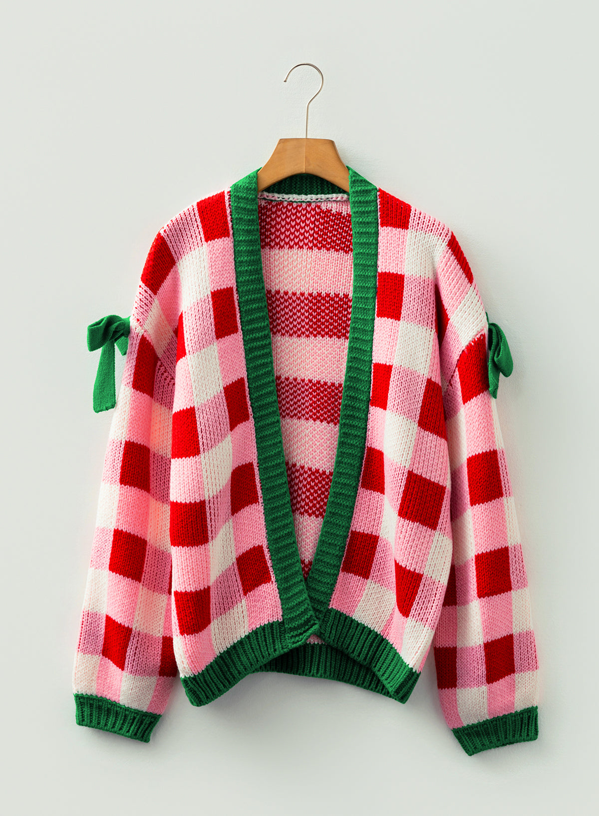 Women's Pink Plaid Christmas Cardigan – Open Front Knit Sweater with Green Trim and Bow Details — photo 2