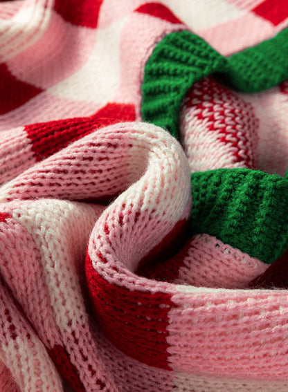 Women's Pink Plaid Christmas Cardigan – Open Front Knit Sweater with Green Trim and Bow Details — photo 4