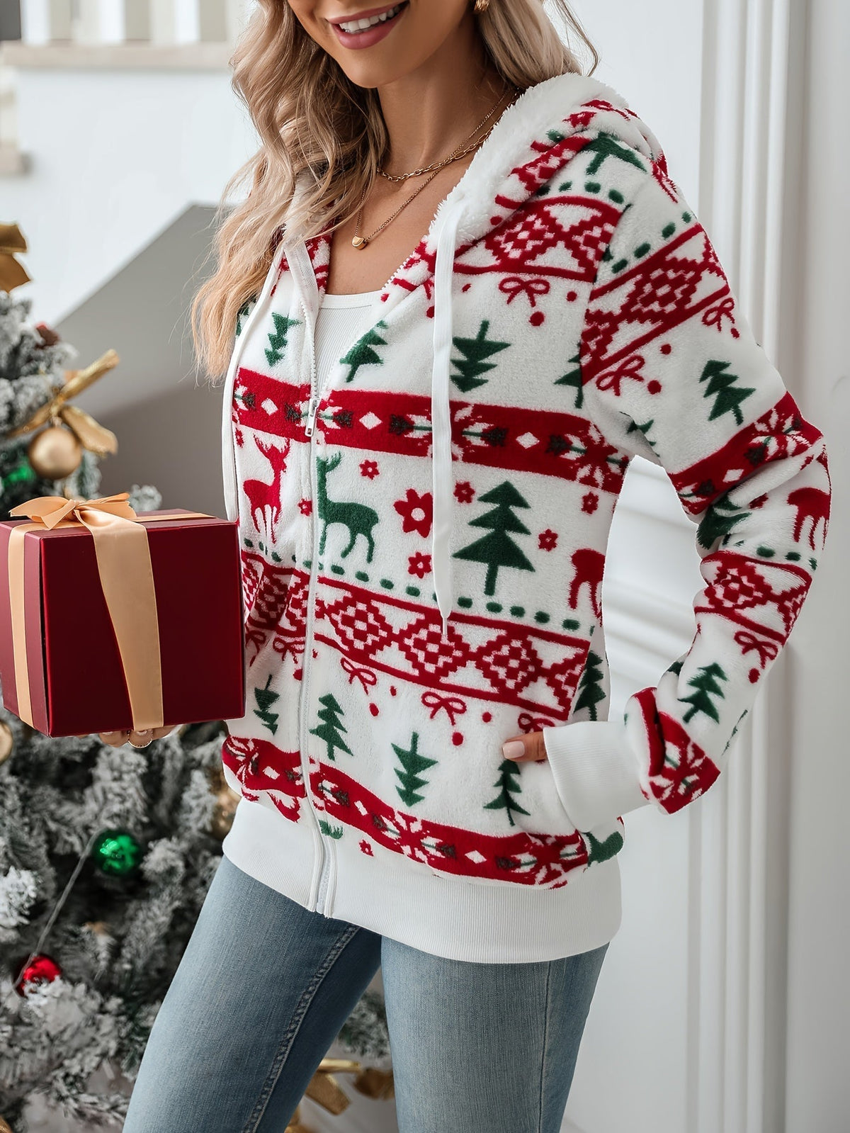 Women's Christmas Zip-up Cardigan | Festive Hooded Sweater with Pockets | Reindeer Print Holiday Hoodie for the Holiday Season — photo 3