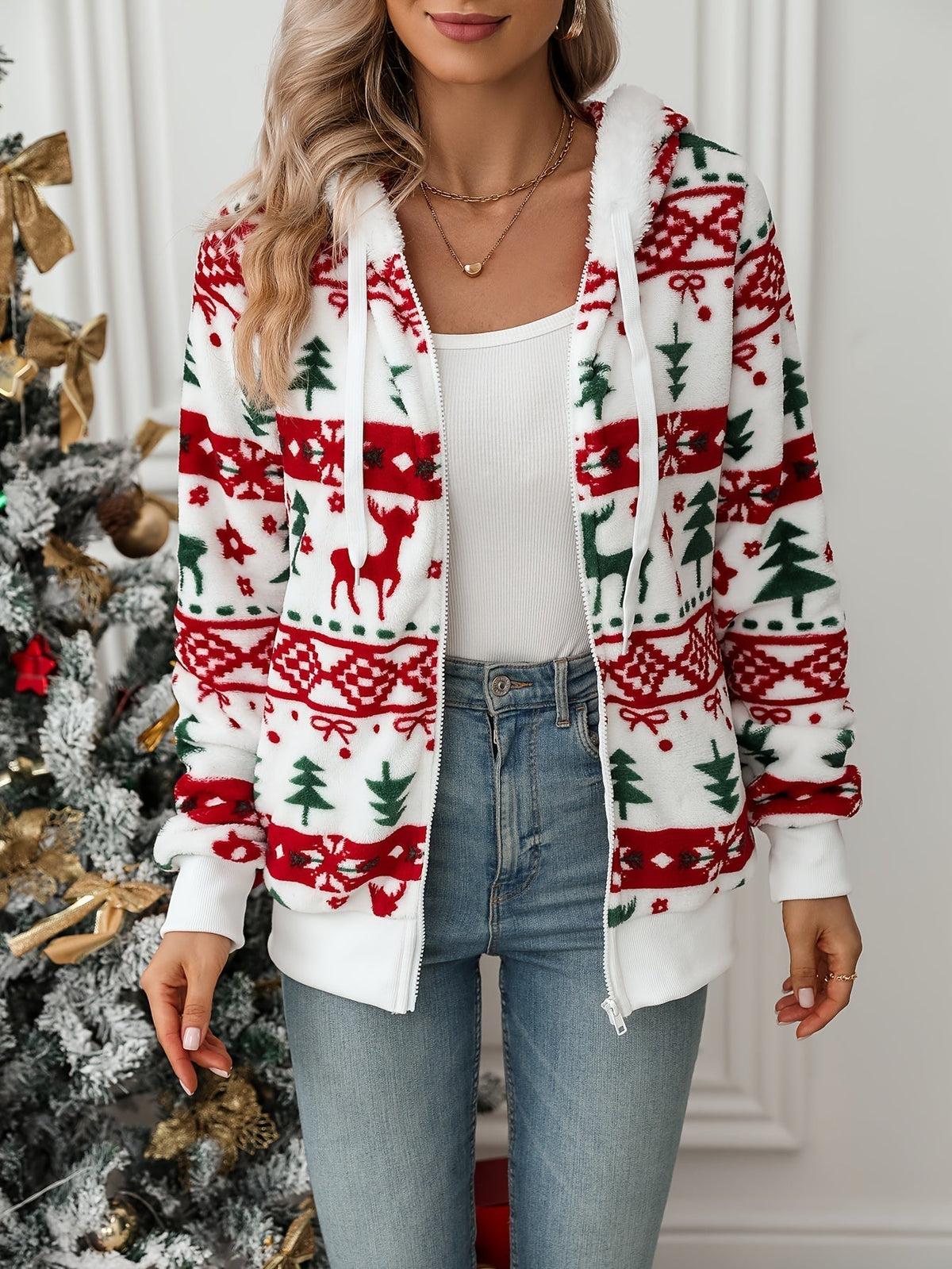 Women's Christmas Zip-up Cardigan | Festive Hooded Sweater with Pockets | Reindeer Print Holiday Hoodie for the Holiday Season — photo 4
