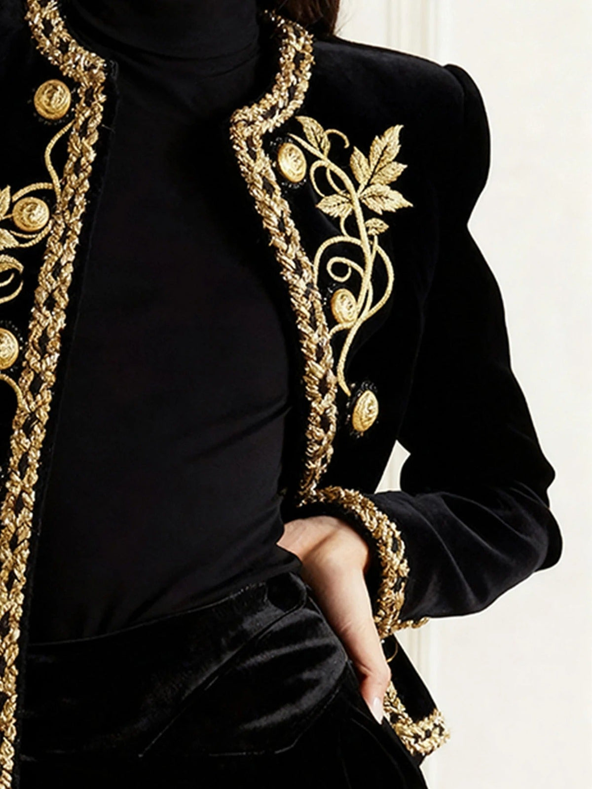 Women's Black Velvet Jacket – Gold Floral Embroidered Long Sleeve Button-Up Coat — photo 6