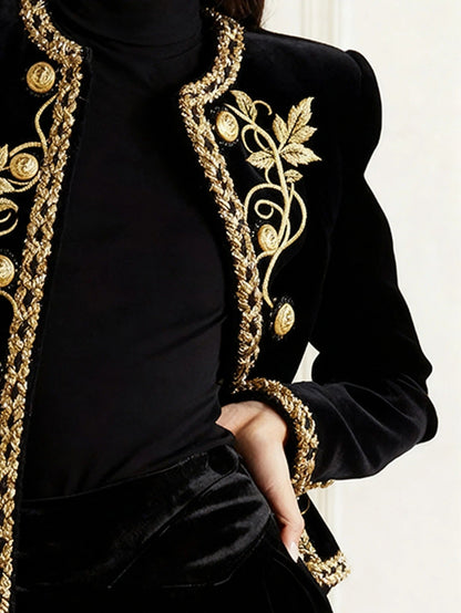 Women's Black Velvet Jacket – Gold Floral Embroidered Long Sleeve Button-Up Coat — photo 6
