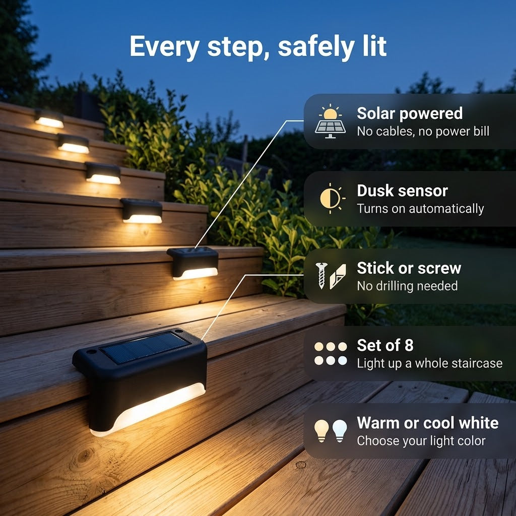 Solar Step Lights, 8-Piece Set with Dusk Sensor - Warm or Cool White — photo 11