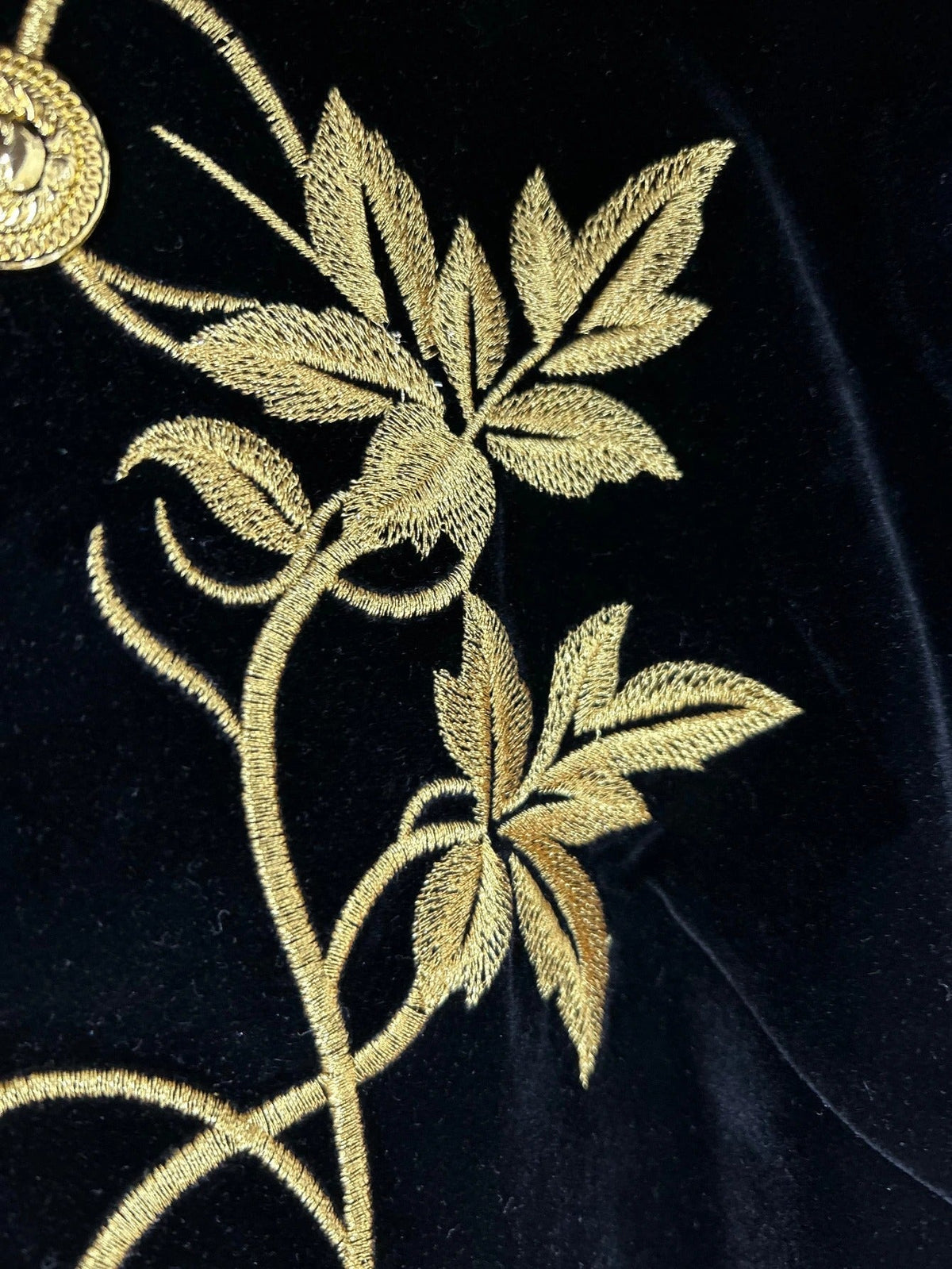 Women's Black Velvet Jacket – Gold Floral Embroidered Long Sleeve Button-Up Coat — photo 7