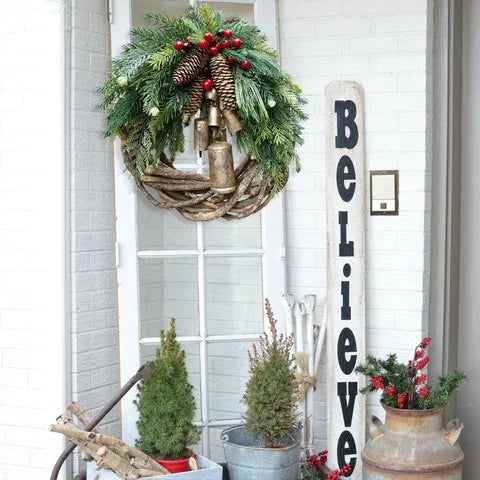 Farmhouse Christmas Wreath Boho Rustic Vine Wreath with Pinecones Berries and Golden Bells 17 Inch — photo 9