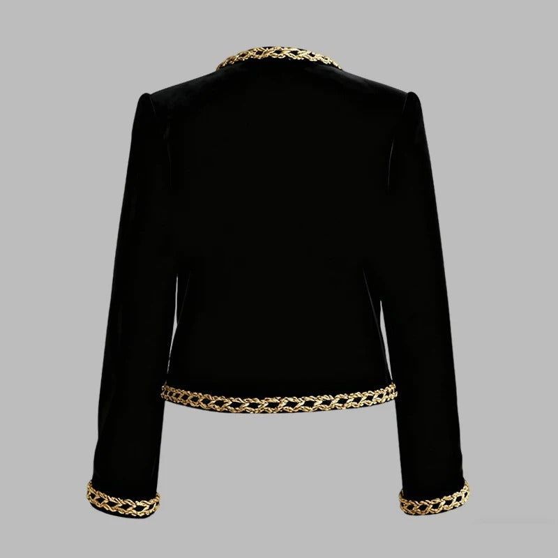 Women's Black Velvet Jacket – Gold Floral Embroidered Long Sleeve Button-Up Coat — photo 3