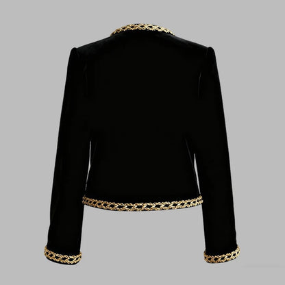 Women's Black Velvet Jacket – Gold Floral Embroidered Long Sleeve Button-Up Coat — photo 3