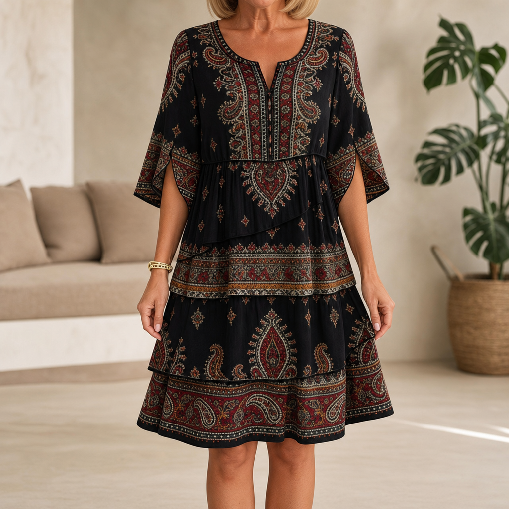 Nordspur | Tiered Paisley Print Split-Sleeve Midi Dress — photo 1