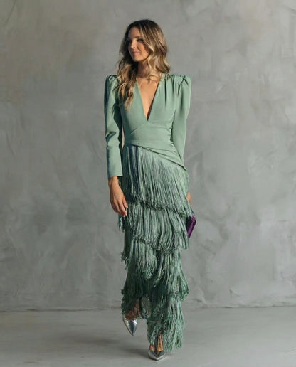 Elegant Fringe Midi Dress for Women, Flowy Sophisticated Style — photo 2