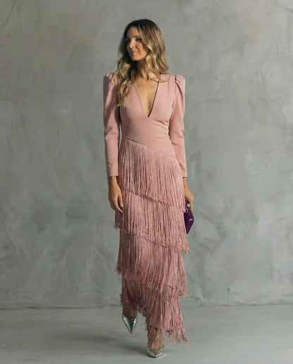 Elegant Fringe Midi Dress for Women, Flowy Sophisticated Style — photo 7